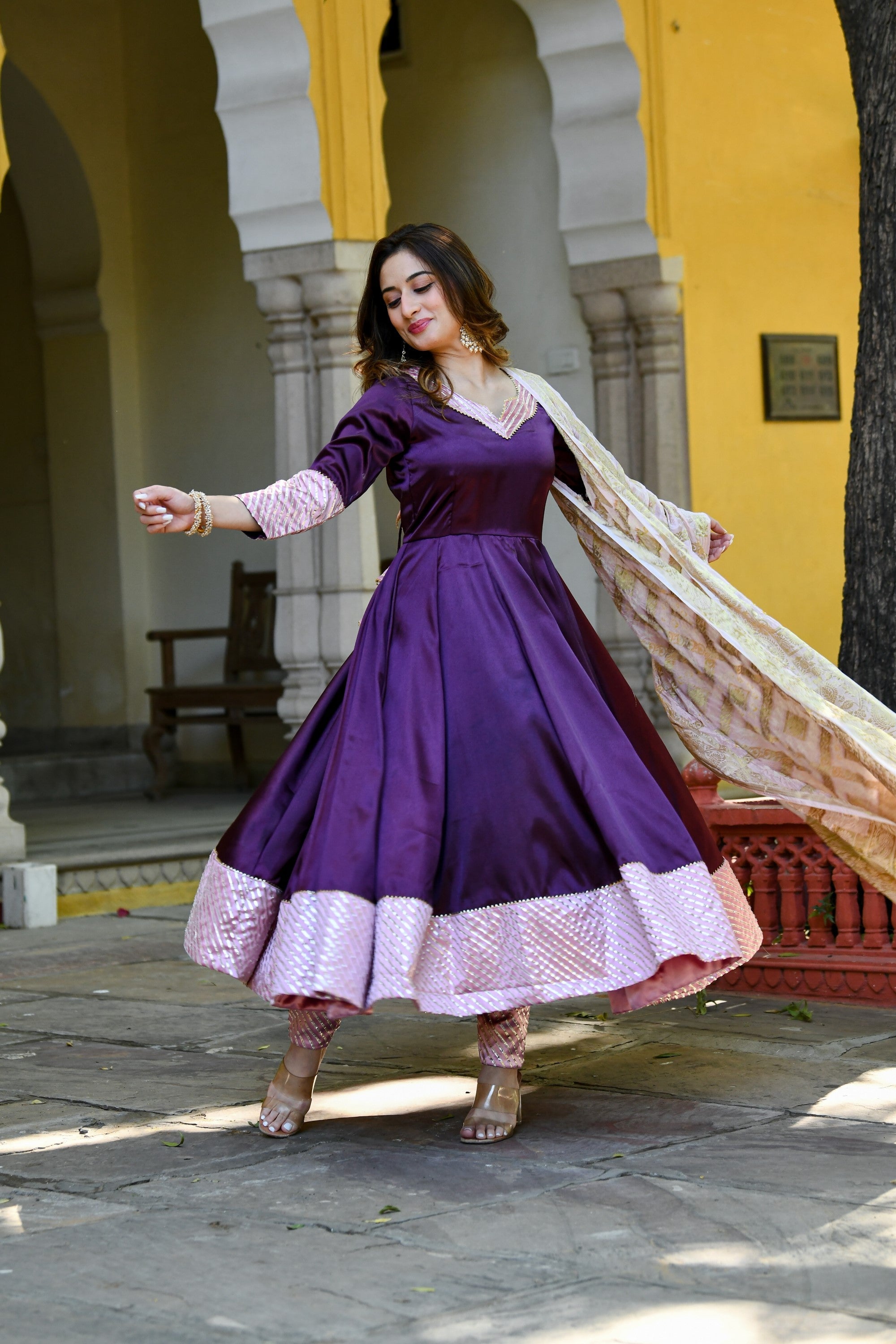 purple dress combination dupatta Purple Embroidered Star Georgette Gown with Gold Crush Sequi